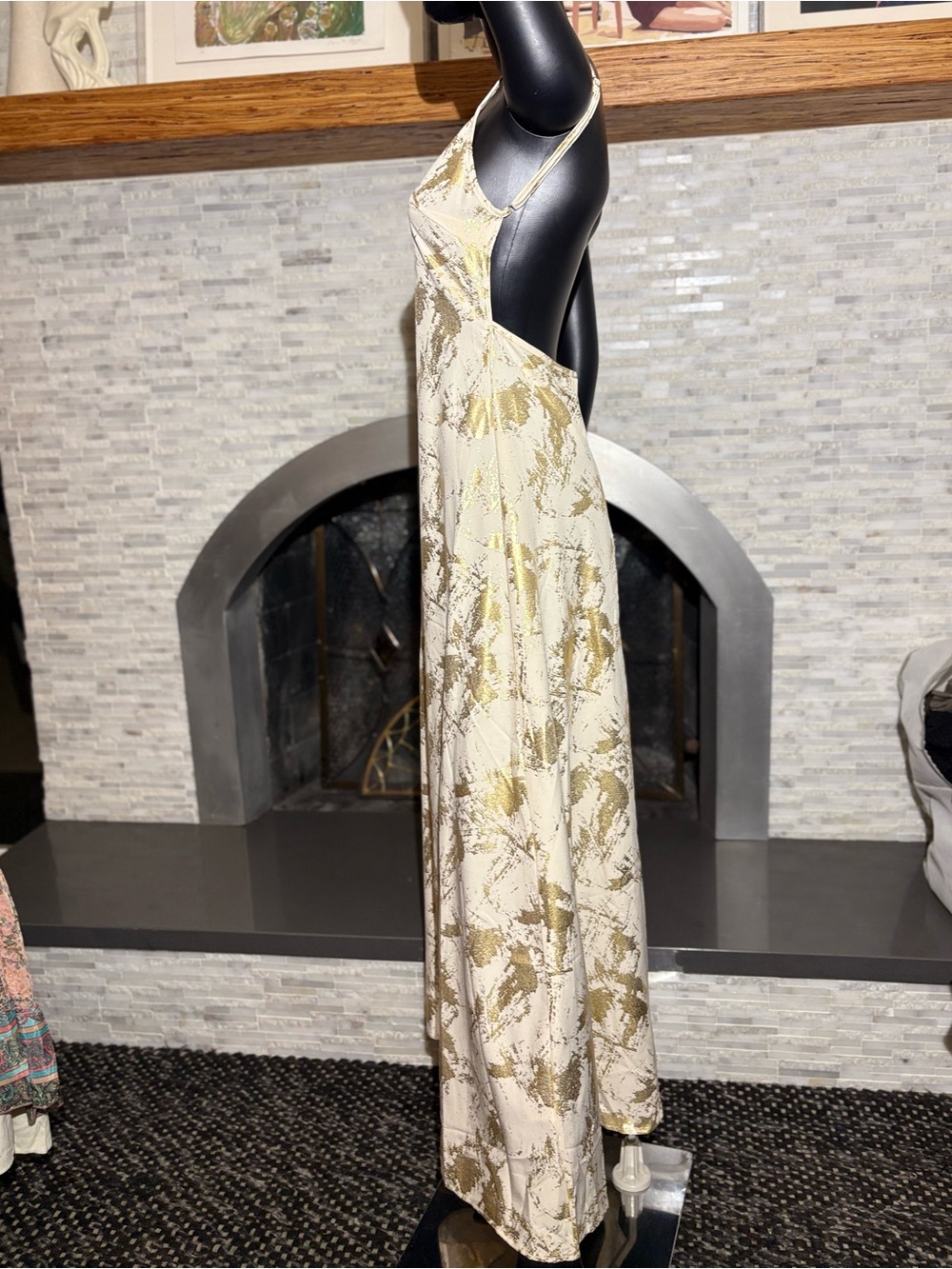 Metallic Gold Foil Open Back Slip Maxi Dress, Medium
